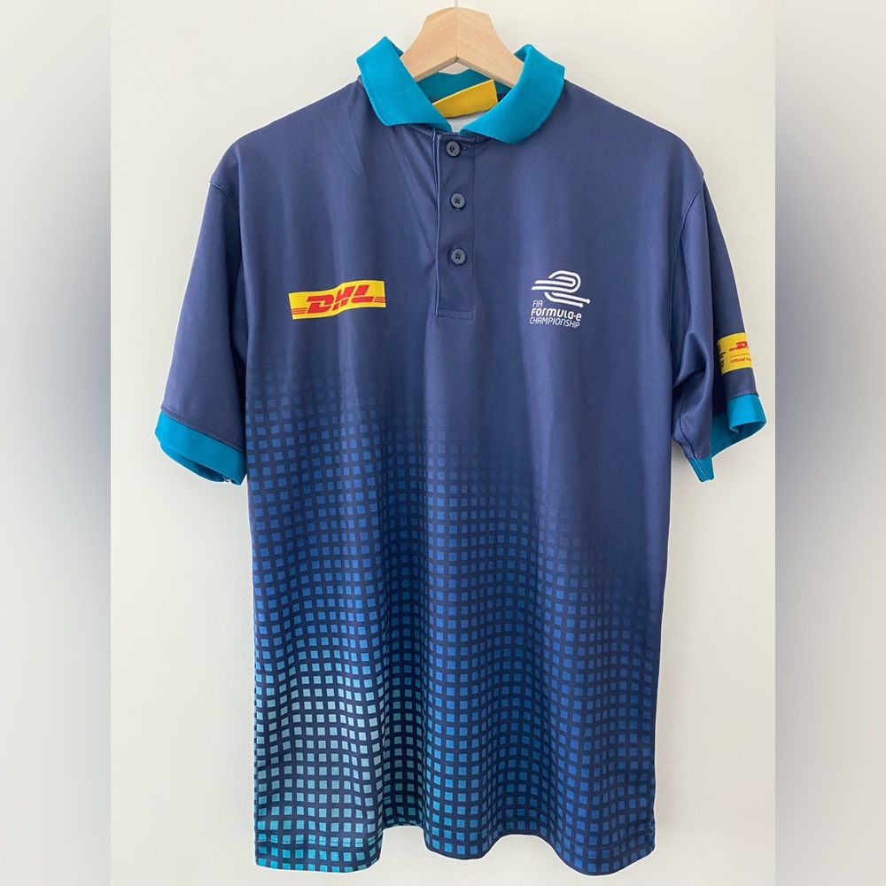 DHL Men's Small FIA Formula E Championship Racing Navy Blue Polo Shirt